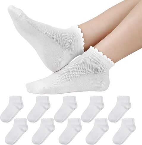 10 Pair Ruffle Socks for Girls, White Cotton Cute Kid Frilly Dress Sock for School Uniform, Gift for Back-to-School in Kuwait
