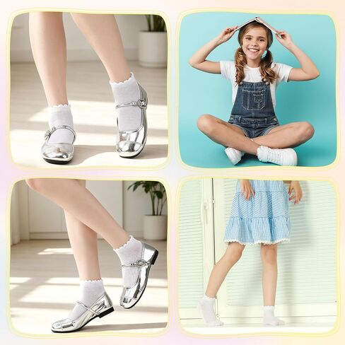 10 Pair Ruffle Socks for Girls, White Cotton Cute Kid Frilly Dress Sock for School Uniform, Gift for Back-to-School in Kuwait
