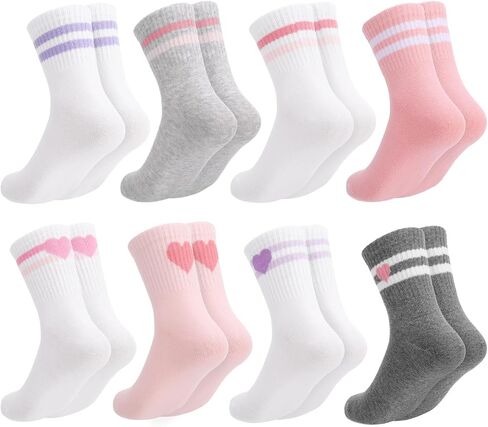 Girls Crew Socks, 8 Pairs Heart Striped Mid Calf Socks, Soft Breathable Cotton School Athletic Casual Wear in Kuwait