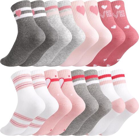 Girls Crew Socks, 8 Pairs Heart Striped Mid Calf Socks, Soft Breathable Cotton School Athletic Casual Wear in Saudi Arabia