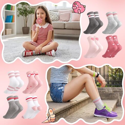 Girls Crew Socks, 8 Pairs Heart Striped Mid Calf Socks, Soft Breathable Cotton School Athletic Casual Wear in Saudi Arabia
