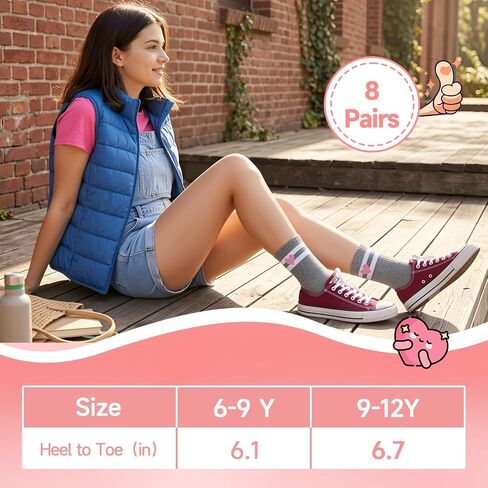 Girls Crew Socks, 8 Pairs Heart Striped Mid Calf Socks, Soft Breathable Cotton School Athletic Casual Wear in Saudi Arabia