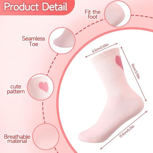 Girls Crew Socks, 8 Pairs Heart Striped Mid Calf Socks, Soft Breathable Cotton School Athletic Casual Wear in Saudi Arabia