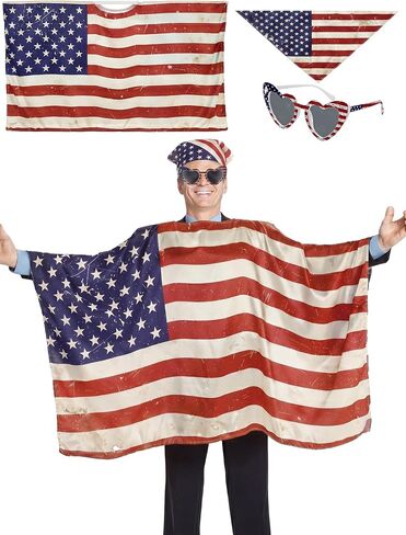 Cuffbow 3 Pack 250 Year American Flag Costume Cape, Retro 80's USA Sunglasses and Head Scarf for 250th Anniversary 4th of July USA Independence Day Patriotic Accessories in Kuwait