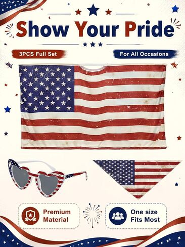 Cuffbow 3 Pack 250 Year American Flag Costume Cape, Retro 80's USA Sunglasses and Head Scarf for 250th Anniversary 4th of July USA Independence Day Patriotic Accessories in Kuwait