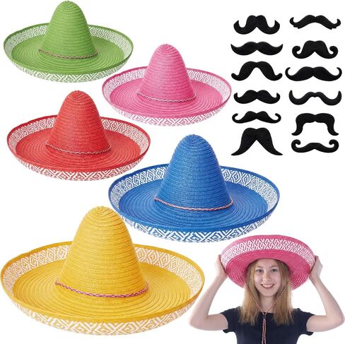 Sombrero Hats Set Party Hats Fake Mustaches Beards for Adults Mexican Fiesta Party in Kuwait