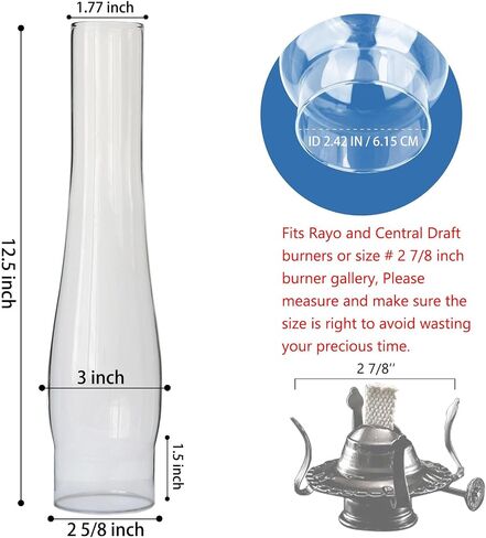 2 5/8 Inch × 12.5 Inch Oil Lamps Chimney Replacement Clear Glass Heelless Chimney Designed to Fit Aladdin Style Burners and Galleries in Kuwait