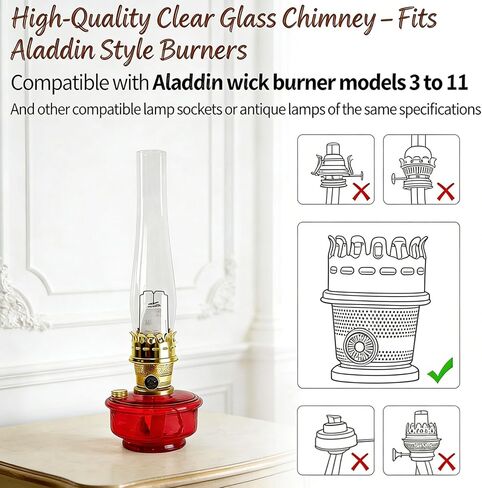 2 5/8 Inch × 12.5 Inch Oil Lamps Chimney Replacement Clear Glass Heelless Chimney Designed to Fit Aladdin Style Burners and Galleries in Kuwait