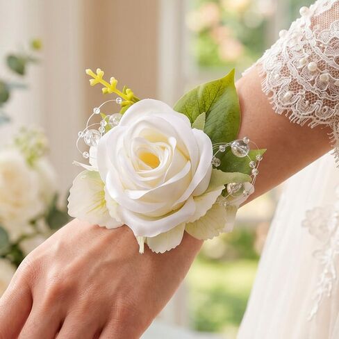 Rose Wrist Corsage Prom Corsages Wristlet Bridal Hand Flower for Women and Girls (White) in Kuwait