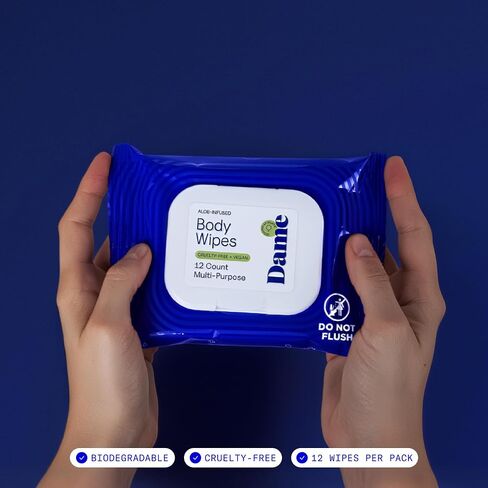 Dame Aloe Body Wipes for Women, pH Balanced Feminine Wipes with Cucumber, Gentle Cleansing for Sensitive Skin, Post Workout, Sweat & Travel, Biodegradable, Vegan & Cruelty Free, 12 Count (2 Pack) in Saudi Arabia