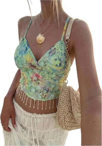 MakeMeChic Women's Sequin Sparkly Halter Crop Tops Fringe Open Back Split Summer Party Top in Kuwait