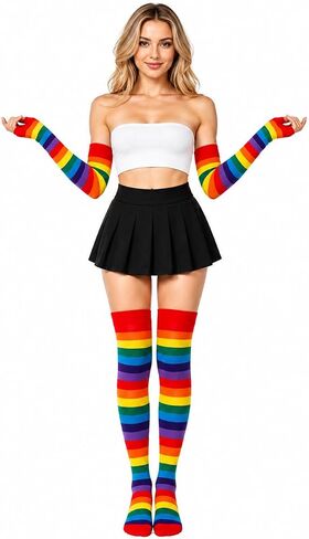 Mealah Colorful Rainbow Striped Socks Gloves Set Women Girls Striped Arm Leg Warmers Set Costume Accessories for Cosplay in Kuwait
