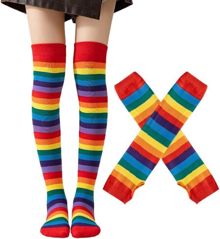 Mealah Colorful Rainbow Striped Socks Gloves Set Women Girls Striped Arm Leg Warmers Set Costume Accessories for Cosplay in Kuwait