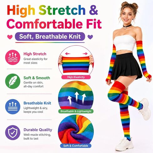 Mealah Colorful Rainbow Striped Socks Gloves Set Women Girls Striped Arm Leg Warmers Set Costume Accessories for Cosplay in Kuwait