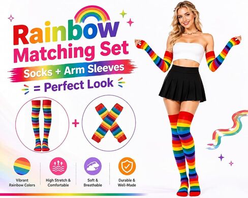 Mealah Colorful Rainbow Striped Socks Gloves Set Women Girls Striped Arm Leg Warmers Set Costume Accessories for Cosplay in Kuwait