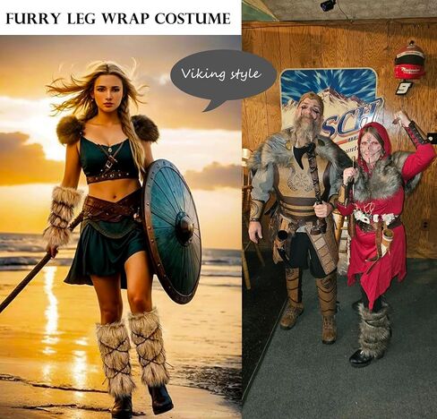 Viking Costume for Adults Furry Leg Warmers Wrap Faux Fur Medieval Fuzzy Leg Gaiters Boot Covers Warrior Shin Guards Cosplay Accessory in Saudi Arabia