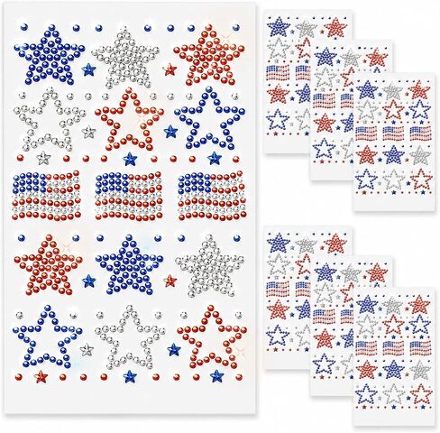 Patriotic Rhinestone Star Stickers, 6 Sheets 4th of July Silver Glitter Bling Sticker Self Adhesive Crystal Star Sticker, Patriotic Decals Label for Independence Day DIY Crafts Decorations in Saudi Arabia