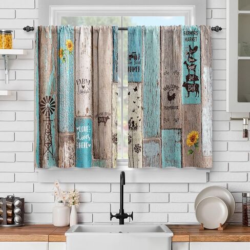 Jekeno Wooden Barn Door Kitchen Curtains Farmhouse Vintage Plank Striped Short Cafe Curtains Decor for Living Room Tier Curtains for Bathroom Rod Pocket Window Drapes 36 Inch Length 2 Panels Set in Saudi Arabia