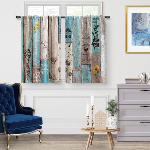 Jekeno Wooden Barn Door Kitchen Curtains Farmhouse Vintage Plank Striped Short Cafe Curtains Decor for Living Room Tier Curtains for Bathroom Rod Pocket Window Drapes 36 Inch Length 2 Panels Set in Saudi Arabia