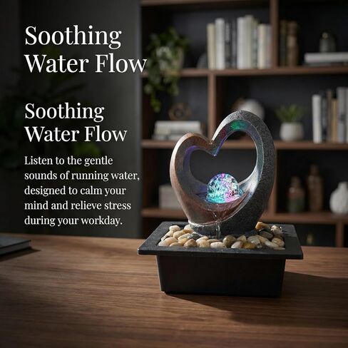Indoor Water Fountain, Heart-Shaped Zen Tabletop Fountain with LED Lights & Soothing Sound, Desk Waterfall Decor for Home Office Bedroom in Saudi Arabia