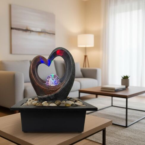 Indoor Water Fountain, Heart-Shaped Zen Tabletop Fountain with LED Lights & Soothing Sound, Desk Waterfall Decor for Home Office Bedroom in Saudi Arabia