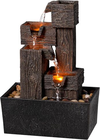 13 Inch Tabletop Water Fountain with LED Lights, Resin Wood Grain Tiered Design, Automatic Pump, Natural River Rocks for Home Office Zen Relaxation Decor Gift in Saudi Arabia