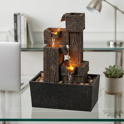13 Inch Tabletop Water Fountain with LED Lights, Resin Wood Grain Tiered Design, Automatic Pump, Natural River Rocks for Home Office Zen Relaxation Decor Gift in Saudi Arabia