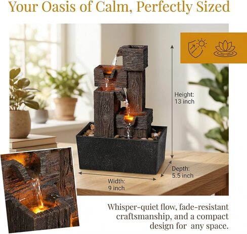 13 Inch Tabletop Water Fountain with LED Lights, Resin Wood Grain Tiered Design, Automatic Pump, Natural River Rocks for Home Office Zen Relaxation Decor Gift in Saudi Arabia