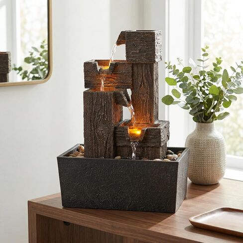 13 Inch Tabletop Water Fountain with LED Lights, Resin Wood Grain Tiered Design, Automatic Pump, Natural River Rocks for Home Office Zen Relaxation Decor Gift in Saudi Arabia