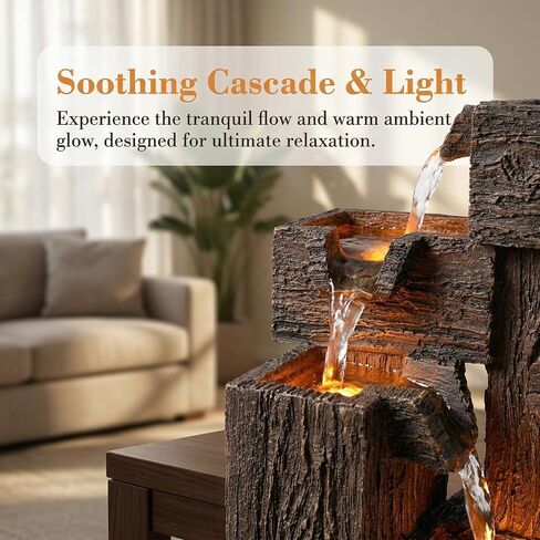 13 Inch Tabletop Water Fountain with LED Lights, Resin Wood Grain Tiered Design, Automatic Pump, Natural River Rocks for Home Office Zen Relaxation Decor Gift in Saudi Arabia