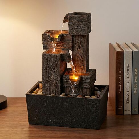 13 Inch Tabletop Water Fountain with LED Lights, Resin Wood Grain Tiered Design, Automatic Pump, Natural River Rocks for Home Office Zen Relaxation Decor Gift in Saudi Arabia