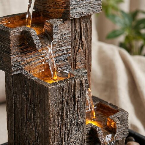 13 Inch Tabletop Water Fountain with LED Lights, Resin Wood Grain Tiered Design, Automatic Pump, Natural River Rocks for Home Office Zen Relaxation Decor Gift in Saudi Arabia