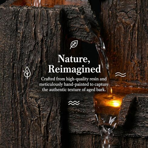 13 Inch Tabletop Water Fountain with LED Lights, Resin Wood Grain Tiered Design, Automatic Pump, Natural River Rocks for Home Office Zen Relaxation Decor Gift in Saudi Arabia