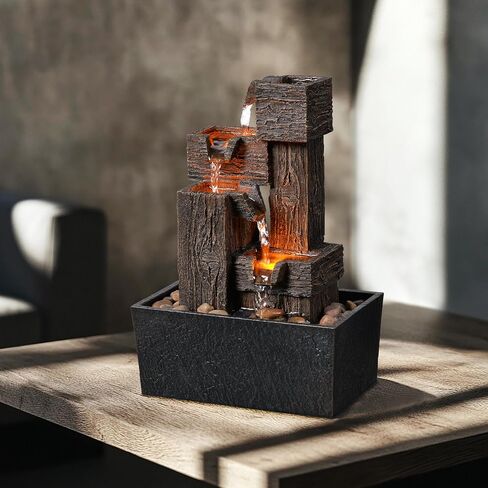 13 Inch Tabletop Water Fountain with LED Lights, Resin Wood Grain Tiered Design, Automatic Pump, Natural River Rocks for Home Office Zen Relaxation Decor Gift in Saudi Arabia