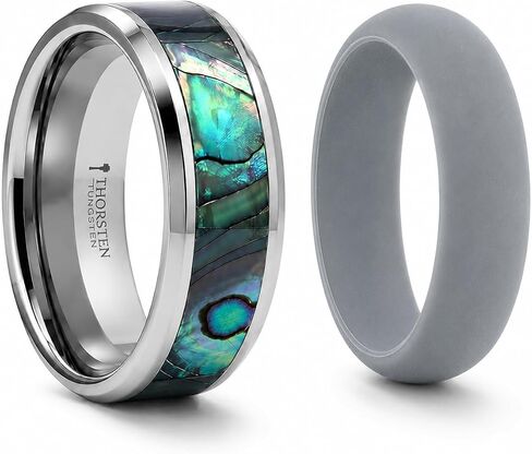 Thorsten KAUI Titanium Polished Finish Mother Of Pearl Inlaid Men’s Beveled Wedding Band with FREE Silicone Ring - 6mm & 8mm in Kuwait