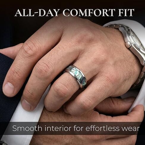 Thorsten KAUI Titanium Polished Finish Mother Of Pearl Inlaid Men’s Beveled Wedding Band with FREE Silicone Ring - 6mm & 8mm in Kuwait