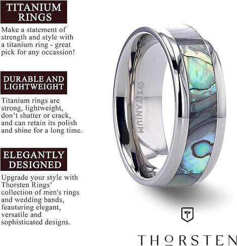 Thorsten KAUI Titanium Polished Finish Mother Of Pearl Inlaid Men’s Beveled Wedding Band with FREE Silicone Ring - 6mm & 8mm in Kuwait