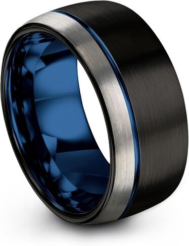 P. Manoukian Tungsten Carbide Wedding Band Ring 10mm 8mm 6mm 4mm for Men Women Blue Black Offset Line Dome Black Brushed Polished Personalized Custom Engraving Anniversary Engagement in Saudi Arabia