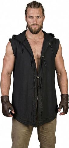 Mens Renaissance Vest Medieval Hooded Sleeveless Cotton Tunic Viking Pirate Costume Top with Wooden Buttons LARP Cosplay in Saudi Arabia