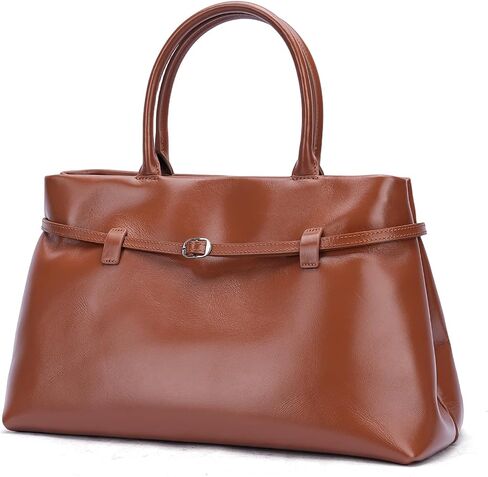Masa Kawa Genuine Leather Tote Bag for Women with Long Strap, Waterproof Expandable Top-Handle Handbag, Casual Shoulder Crossbody Bag, Caramel Brown in Saudi Arabia