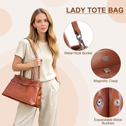 Masa Kawa Genuine Leather Tote Bag for Women with Long Strap, Waterproof Expandable Top-Handle Handbag, Casual Shoulder Crossbody Bag, Caramel Brown in Saudi Arabia