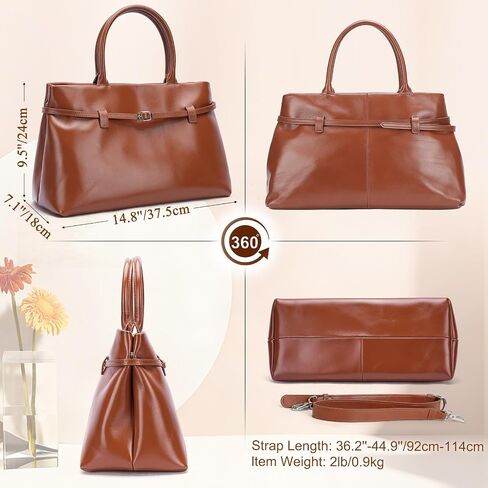Masa Kawa Genuine Leather Tote Bag for Women with Long Strap, Waterproof Expandable Top-Handle Handbag, Casual Shoulder Crossbody Bag, Caramel Brown in Saudi Arabia