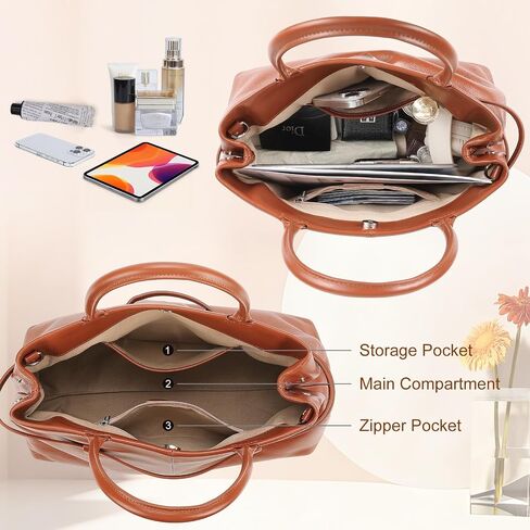Masa Kawa Genuine Leather Tote Bag for Women with Long Strap, Waterproof Expandable Top-Handle Handbag, Casual Shoulder Crossbody Bag, Caramel Brown in Saudi Arabia