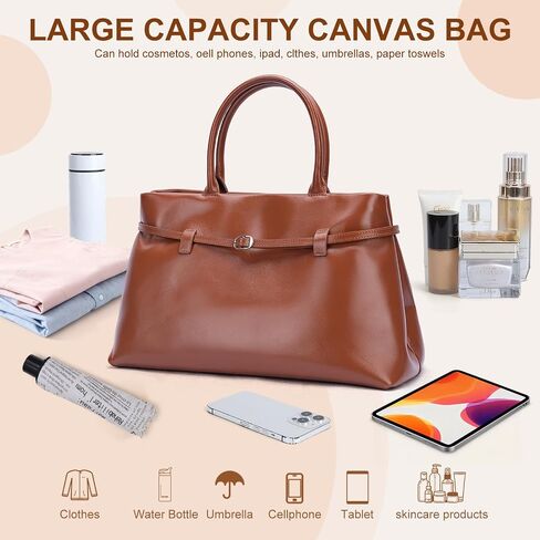 Masa Kawa Genuine Leather Tote Bag for Women with Long Strap, Waterproof Expandable Top-Handle Handbag, Casual Shoulder Crossbody Bag, Caramel Brown in Saudi Arabia