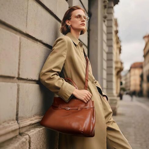 Masa Kawa Genuine Leather Tote Bag for Women with Long Strap, Waterproof Expandable Top-Handle Handbag, Casual Shoulder Crossbody Bag, Caramel Brown in Saudi Arabia