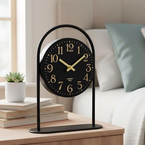 Modern Black Desk Clock - 10.6 Inch Arched Table Clock with Silent Non-Ticking Quartz Movement, Battery Operated Decorative Mantel Clock with Gold Arabic Numerals for Bedroom, Shelf & Office Decor in Saudi Arabia