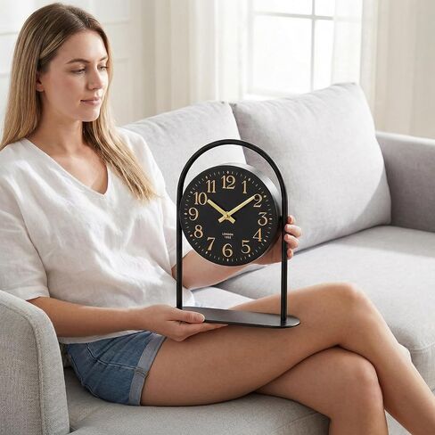 Modern Black Desk Clock - 10.6 Inch Arched Table Clock with Silent Non-Ticking Quartz Movement, Battery Operated Decorative Mantel Clock with Gold Arabic Numerals for Bedroom, Shelf & Office Decor in Saudi Arabia
