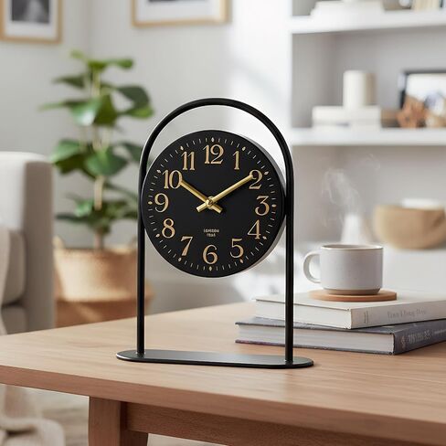 Modern Black Desk Clock - 10.6 Inch Arched Table Clock with Silent Non-Ticking Quartz Movement, Battery Operated Decorative Mantel Clock with Gold Arabic Numerals for Bedroom, Shelf & Office Decor in Saudi Arabia