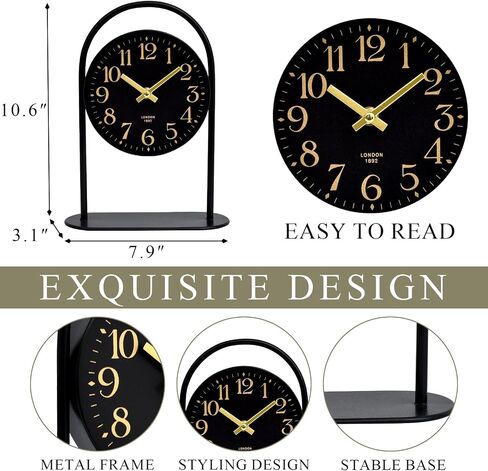 Modern Black Desk Clock - 10.6 Inch Arched Table Clock with Silent Non-Ticking Quartz Movement, Battery Operated Decorative Mantel Clock with Gold Arabic Numerals for Bedroom, Shelf & Office Decor in Saudi Arabia