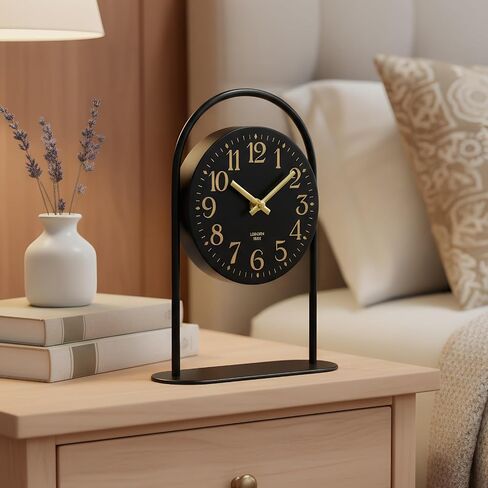 Modern Black Desk Clock - 10.6 Inch Arched Table Clock with Silent Non-Ticking Quartz Movement, Battery Operated Decorative Mantel Clock with Gold Arabic Numerals for Bedroom, Shelf & Office Decor in Saudi Arabia